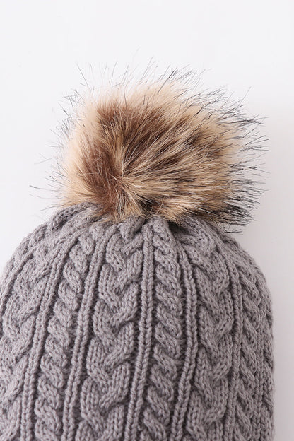 Grey cable knit pom pom beanie hat baby toddler adult