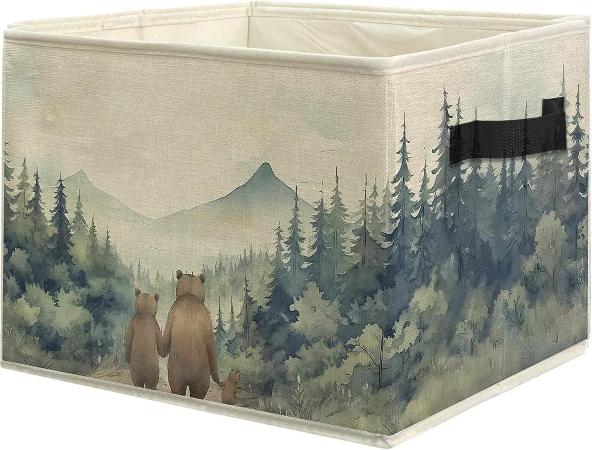 Forest Bear Nursery Storage Bins, Watercolor Forest Animal Collapsible Storage Box Laundry Basket with Handle for Kids Bedroom Bathroom Playroom Nursery Clothes Toys Books