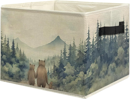 Forest Bear Nursery Storage Bins, Watercolor Forest Animal Collapsible Storage Box Laundry Basket with Handle for Kids Bedroom Bathroom Playroom Nursery Clothes Toys Books
