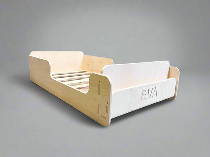 Montessori Floor Bed for Toddlers — Solid Wood with Optional Bookshelf or Toy Shelf Front
