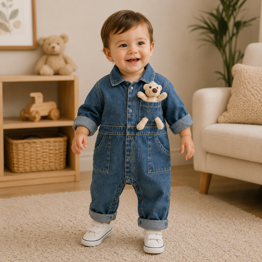 BearBuddy Denim – Spring Cartoon Pocket Romper for Babies