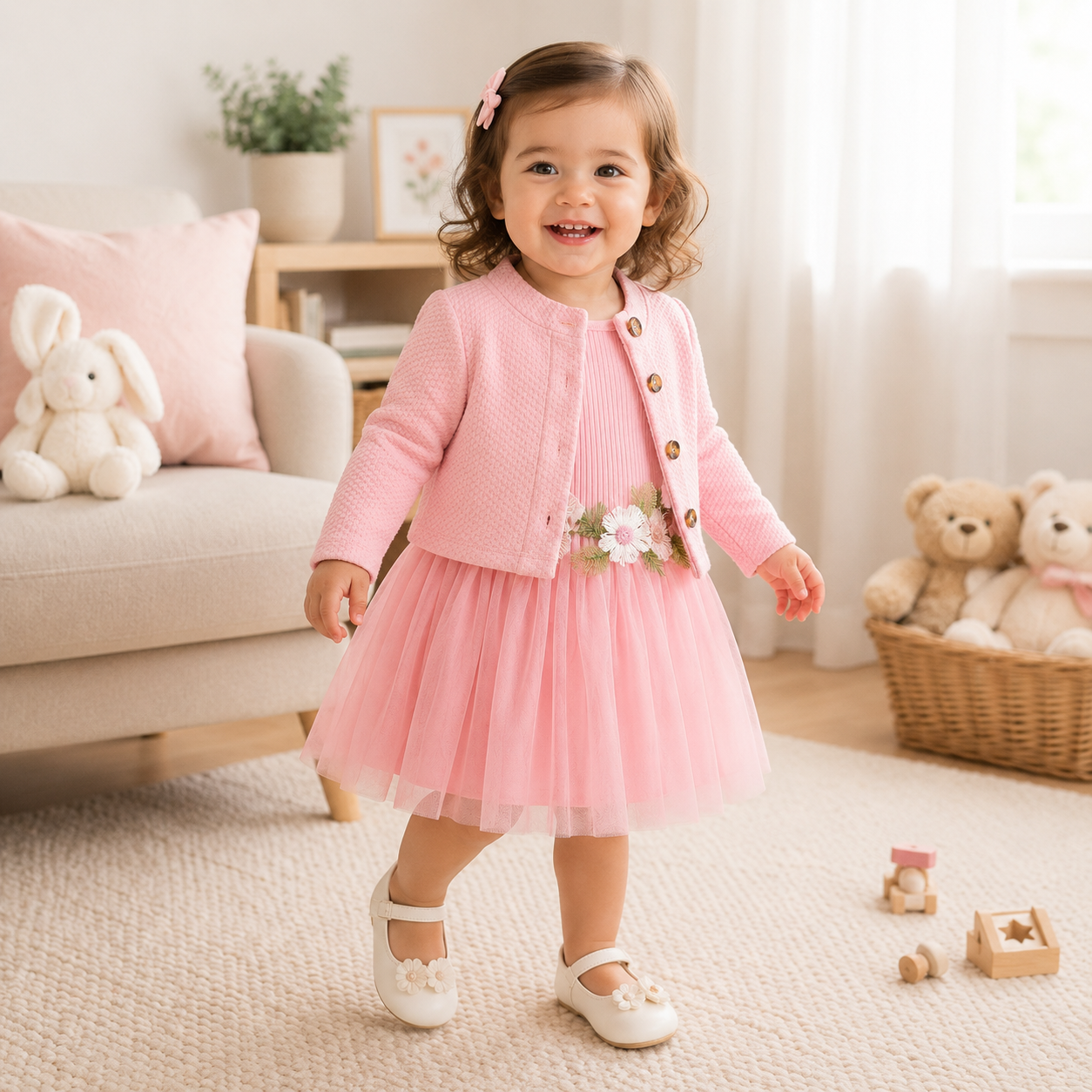 Elegant Bloom – Baby Girl Mesh Dressjacket with Waist Flower Detail