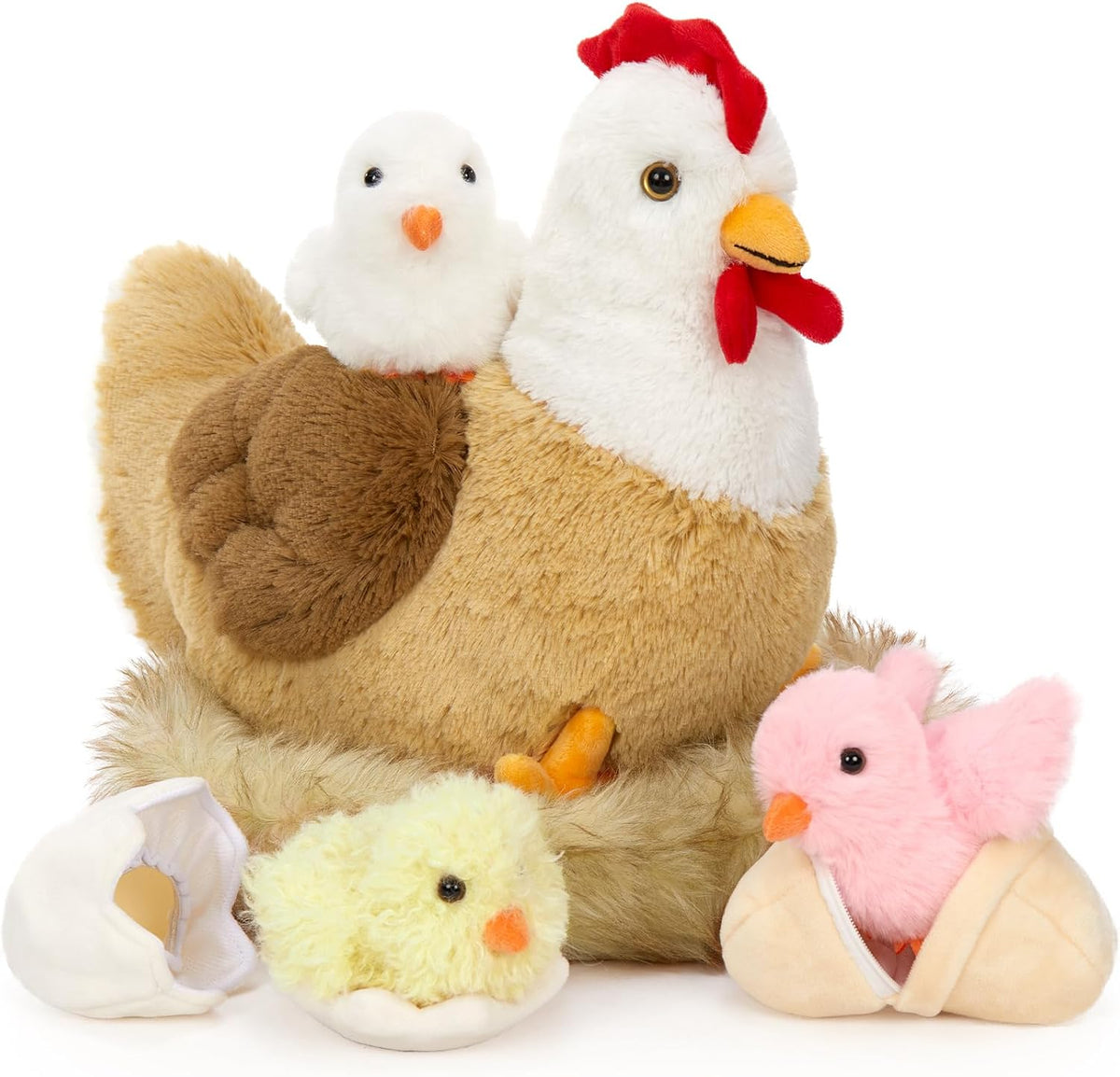 Chicken Stuffed Animal with Chicks, 14" Hen Plush Toy, White