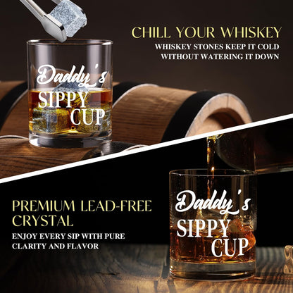 15 Pcs New Dad Gifts, Unique Dad Gift with 11 Oz Daddy'S Sippy Cup Whiskey Glass 4 Whiskey Stones Coaster Hat Sock Bracelet Decision Coin Keychain, Father'S Day Christmas Gift for New Daddy, Husband