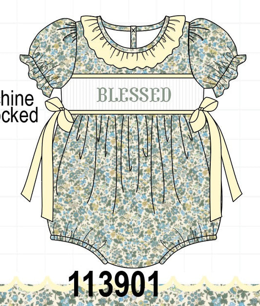 Sage Floral Blessed Smocked Ruffle Bubble