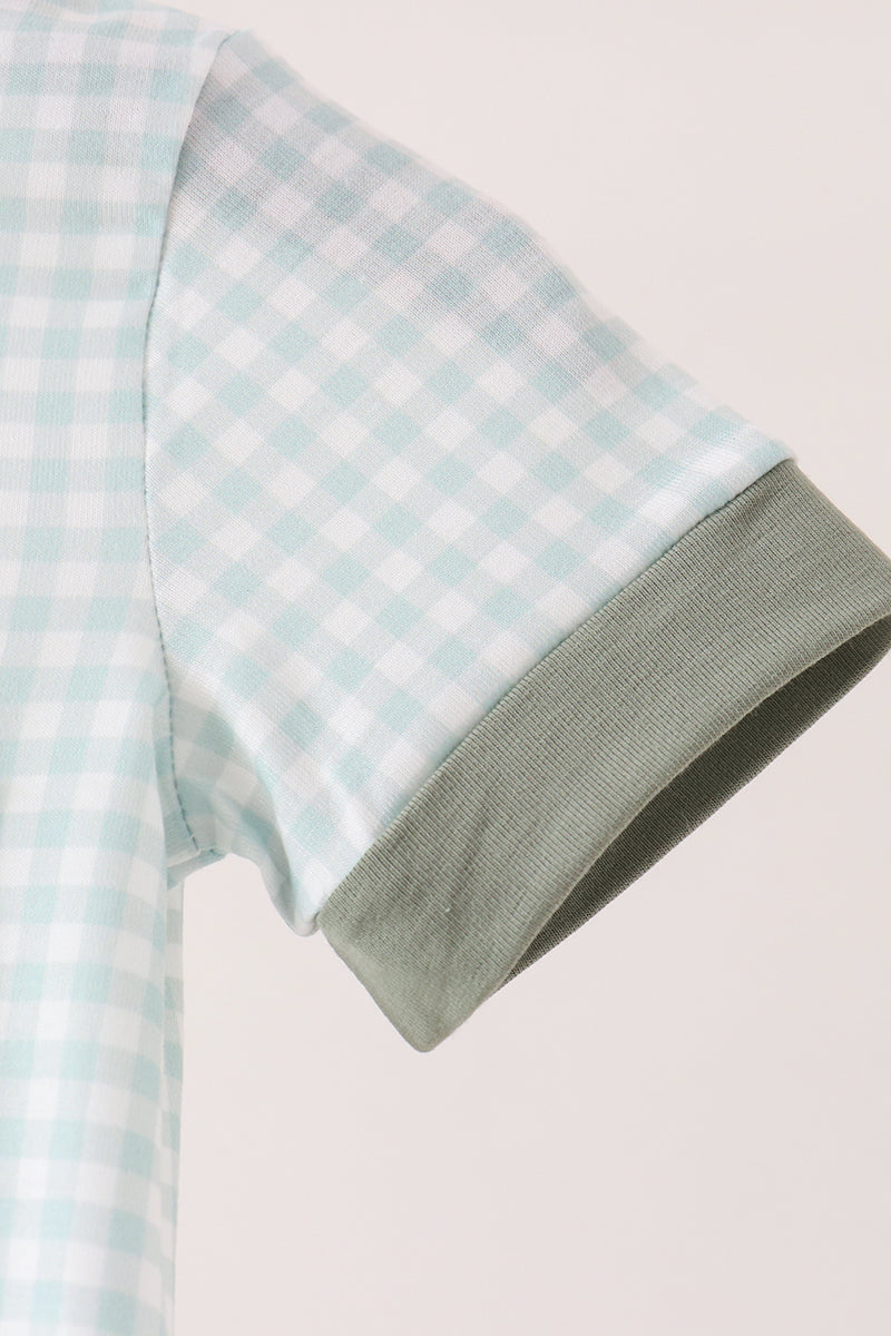 Sage pumpkin embroidery gingham romper