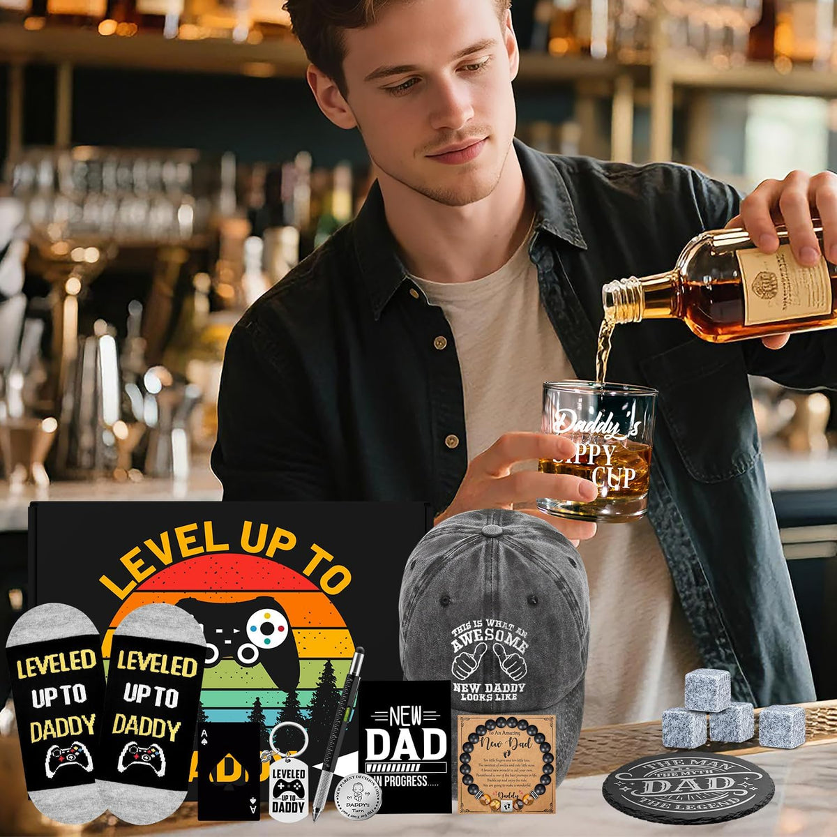 15 Pcs New Dad Gifts, Unique Dad Gift with 11 Oz Daddy'S Sippy Cup Whiskey Glass 4 Whiskey Stones Coaster Hat Sock Bracelet Decision Coin Keychain, Father'S Day Christmas Gift for New Daddy, Husband