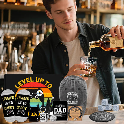 15 Pcs New Dad Gifts, Unique Dad Gift with 11 Oz Daddy'S Sippy Cup Whiskey Glass 4 Whiskey Stones Coaster Hat Sock Bracelet Decision Coin Keychain, Father'S Day Christmas Gift for New Daddy, Husband
