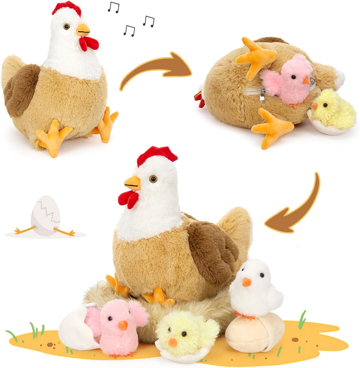 Chicken Stuffed Animal with Chicks, 14" Hen Plush Toy, White
