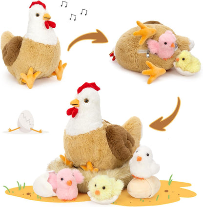 Chicken Stuffed Animal with Chicks, 14" Hen Plush Toy, White