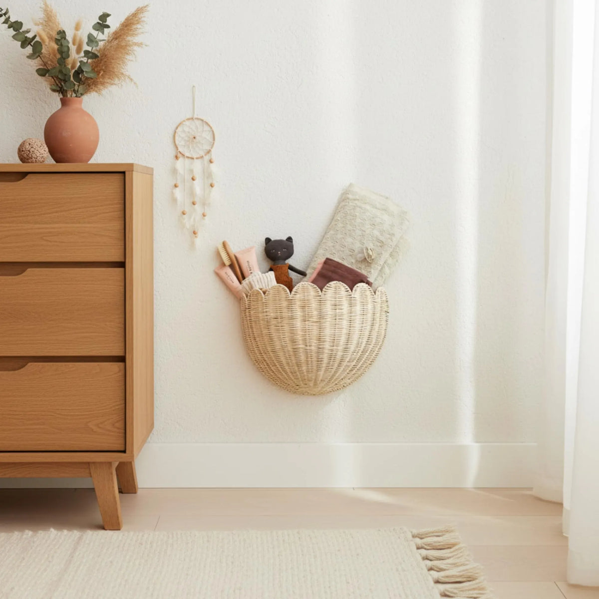 Hand-Woven Rattan Wall Basket, Custom Boho Nursery Storage
