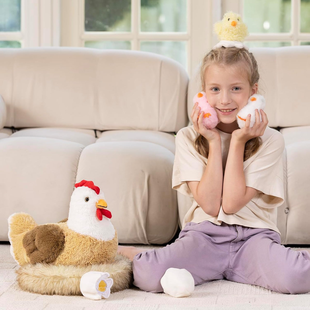 Chicken Stuffed Animal with Chicks, 14" Hen Plush Toy, White