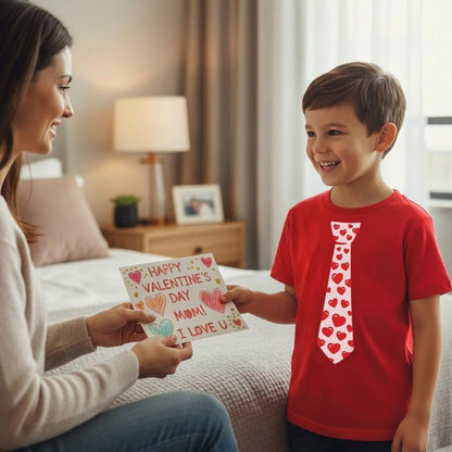 Kids Valentine Tie Shirt with Red Hearts Funny Valentine Tee for Toddlers and Youth Boys & Girls