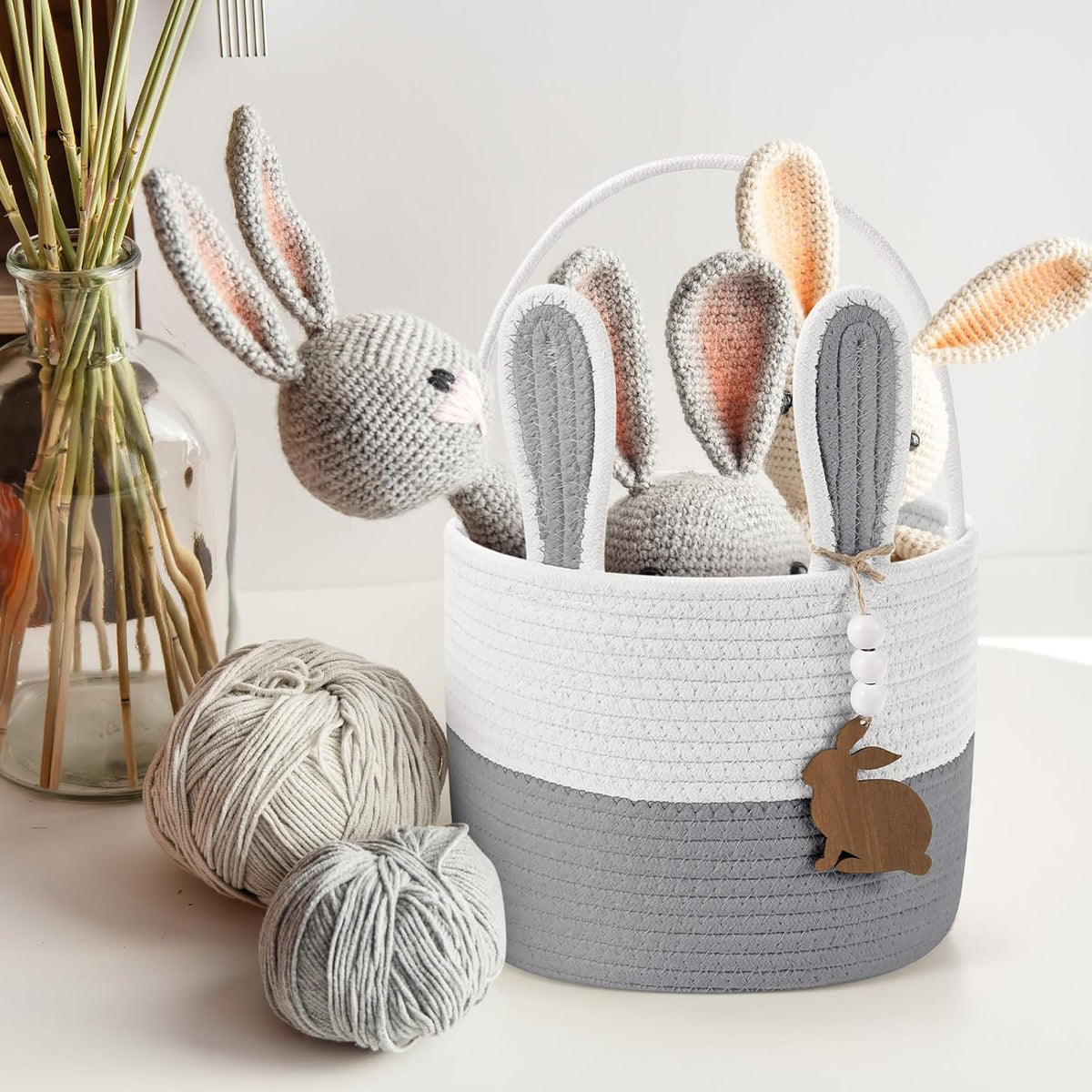 Easter Basket for Kids, Easter Bunny Basket with Name Tag Detachable Rabbit Ear Rustic Woven Gift for Girl Boy Baby Spring Party Decoration Supplies(Gray,9" X 7.5")