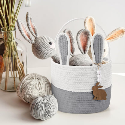 Easter Basket for Kids, Easter Bunny Basket with Name Tag Detachable Rabbit Ear Rustic Woven Gift for Girl Boy Baby Spring Party Decoration Supplies(Gray,9" X 7.5")