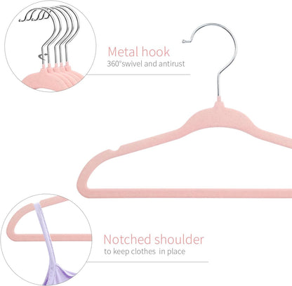 11" Baby Velvet Hangers Non-Slip Kids Hangers 15 Pack Light Pink | Ultra-Thin Infant Coat Hangers for Nursery Space Saving Felt Toddler Hangers with 360° Swivel Hook for Children'S Clothes