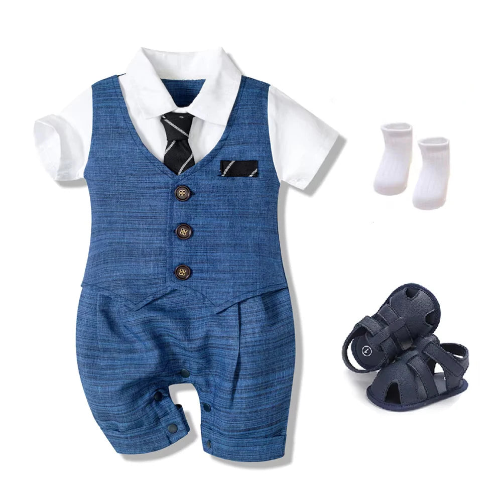Summer Baby Romper Suit Newborn Boys Formal Clothing Children Hat + Jumpsuit + Shoes + Socks 4 Pieces Outfit Blue Costume