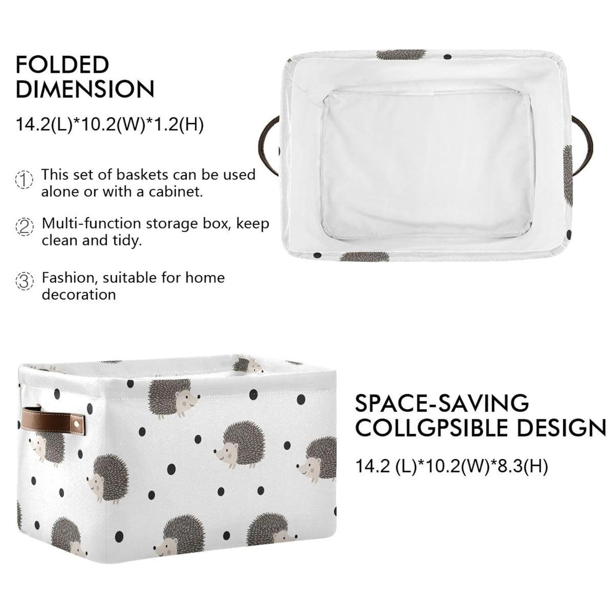 Porcupine Dot White Print Rectangular Storage Bin Basket with Handles - Laundry Hamper Nursery Storage Storage Baskets