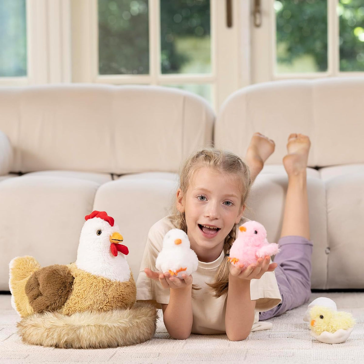 Chicken Stuffed Animal with Chicks, 14" Hen Plush Toy, White