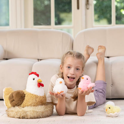 Chicken Stuffed Animal with Chicks, 14" Hen Plush Toy, White