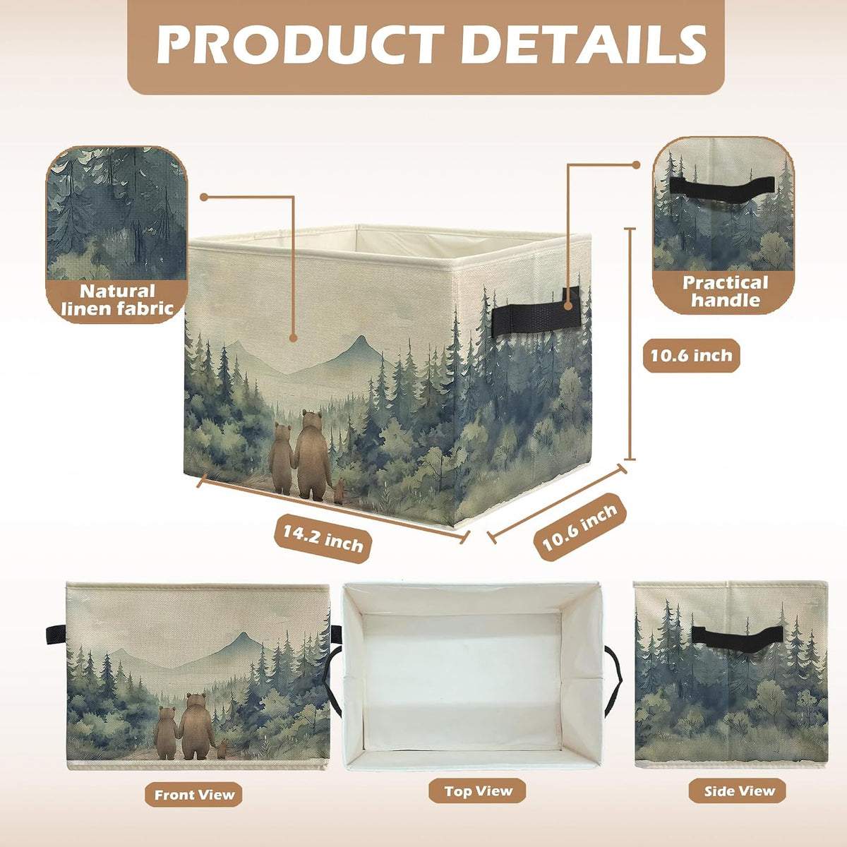 Forest Bear Nursery Storage Bins, Watercolor Forest Animal Collapsible Storage Box Laundry Basket with Handle for Kids Bedroom Bathroom Playroom Nursery Clothes Toys Books