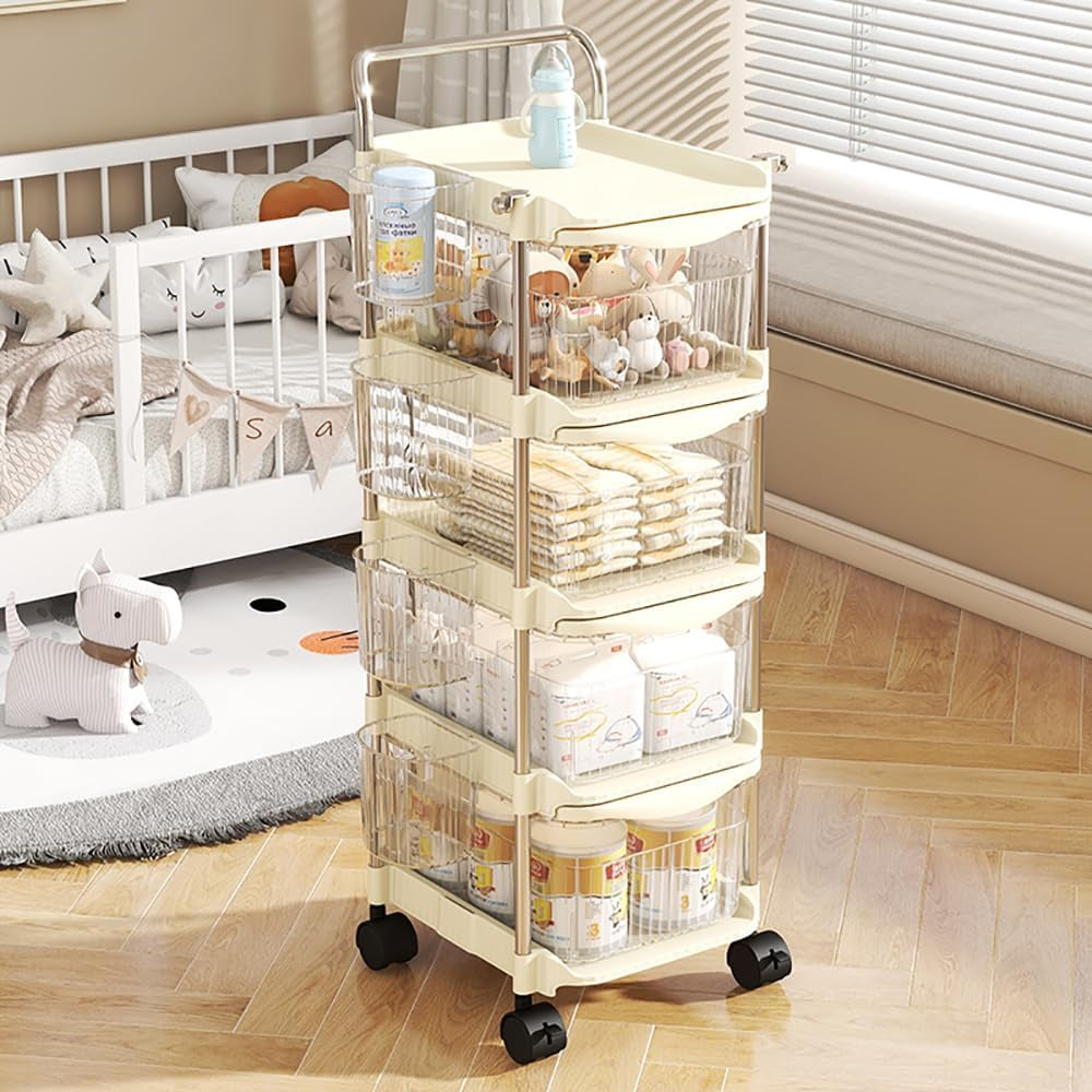 Baby Diaper Caddy Cart Organizer - Plastic Movable Cart Drawers with Hanging Basket, Rolling Utility Diaper Storage Caddy Organizer for Changing Table & Crib, Nursery, Bedroom (3 Tier)