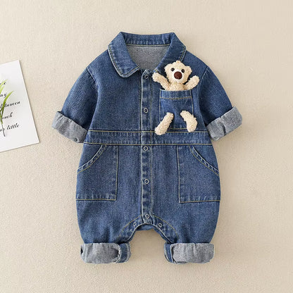 BearBuddy Denim – Spring Cartoon Pocket Romper for Babies