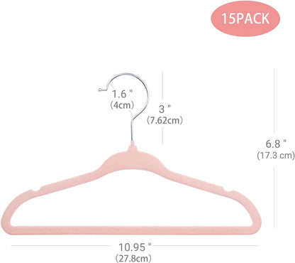 11" Baby Velvet Hangers Non-Slip Kids Hangers 15 Pack Light Pink | Ultra-Thin Infant Coat Hangers for Nursery Space Saving Felt Toddler Hangers with 360° Swivel Hook for Children'S Clothes