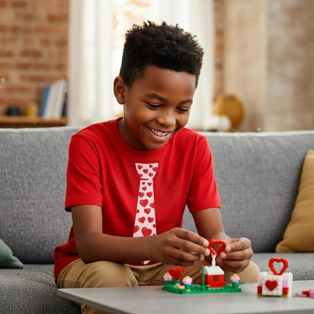 Kids Valentine Tie Shirt with Red Hearts Funny Valentine Tee for Toddlers and Youth Boys & Girls