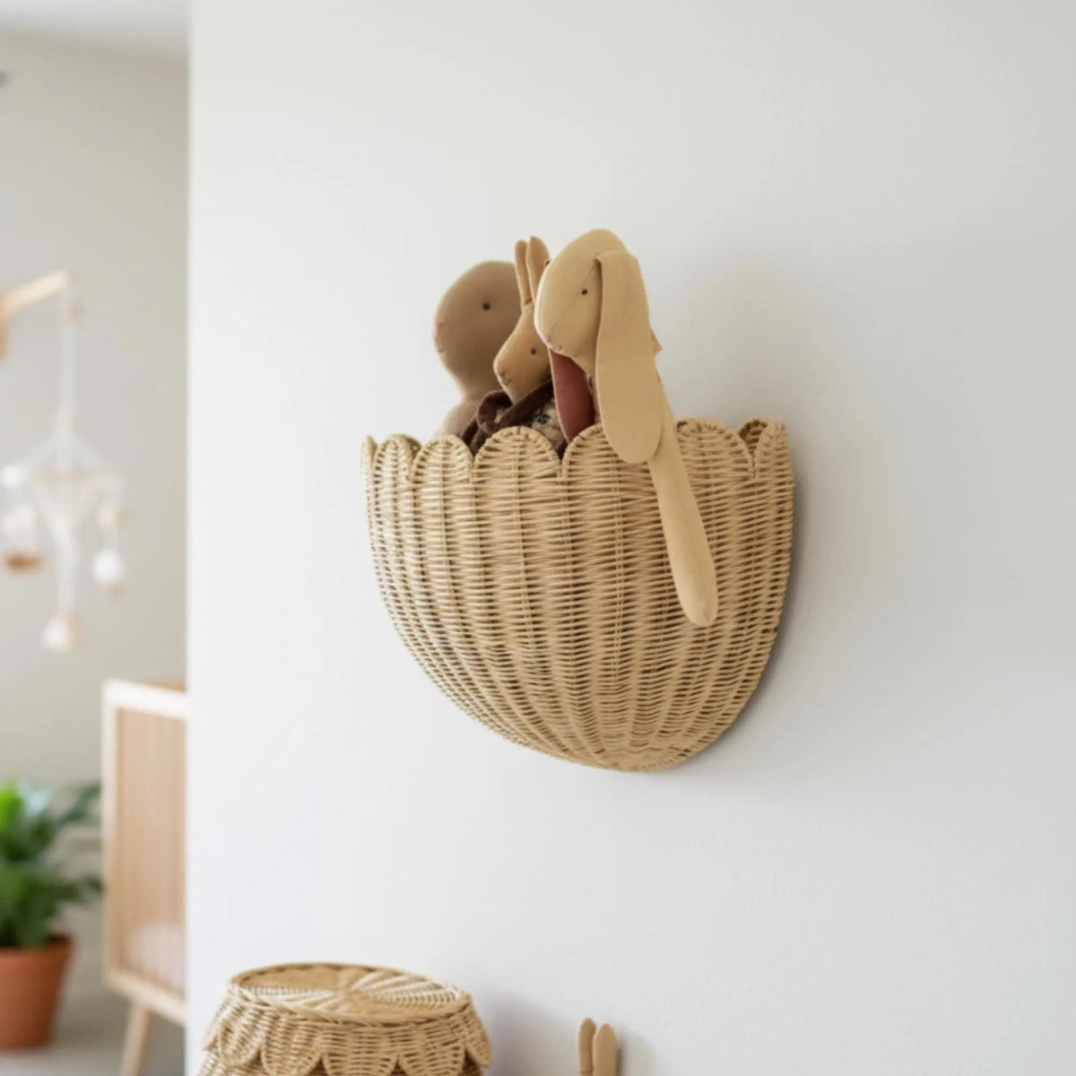 Hand-Woven Rattan Wall Basket, Custom Boho Nursery Storage
