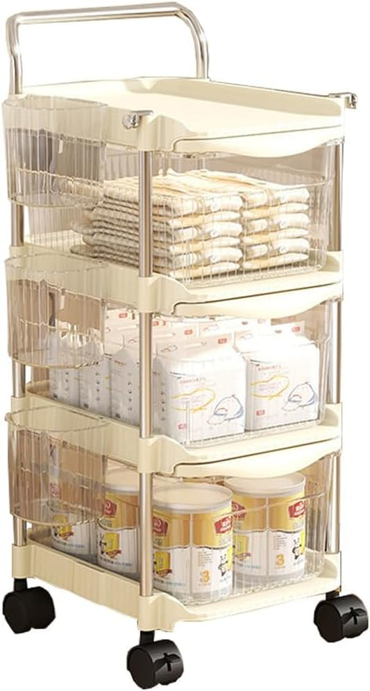Baby Diaper Caddy Cart Organizer - Plastic Movable Cart Drawers with Hanging Basket, Rolling Utility Diaper Storage Caddy Organizer for Changing Table & Crib, Nursery, Bedroom (3 Tier)