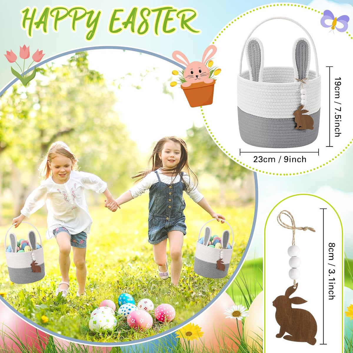 Easter Basket for Kids, Easter Bunny Basket with Name Tag Detachable Rabbit Ear Rustic Woven Gift for Girl Boy Baby Spring Party Decoration Supplies(Gray,9" X 7.5")