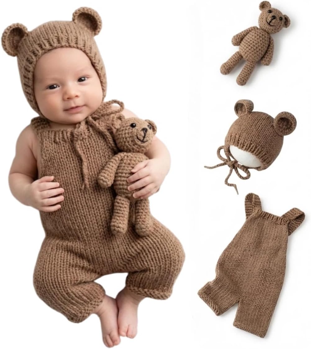 Newborn Photography Props, Baby Knitted Bear Hat & Romper Outfits Set