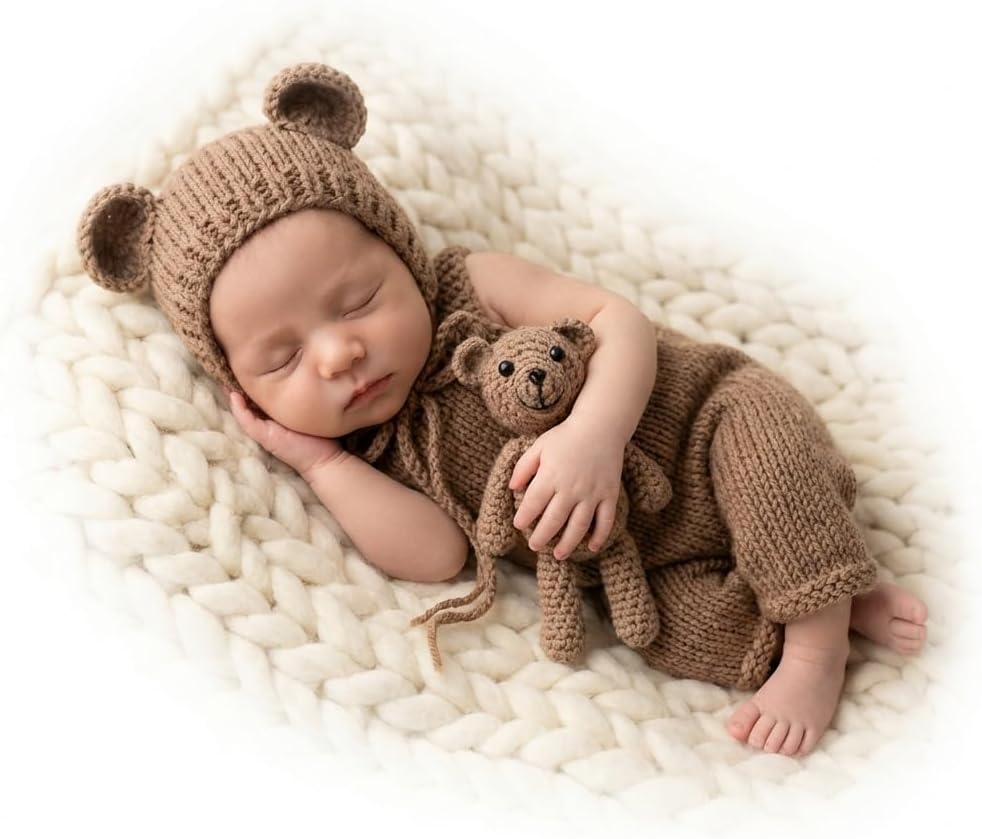 Newborn Photography Props, Baby Knitted Bear Hat & Romper Outfits Set
