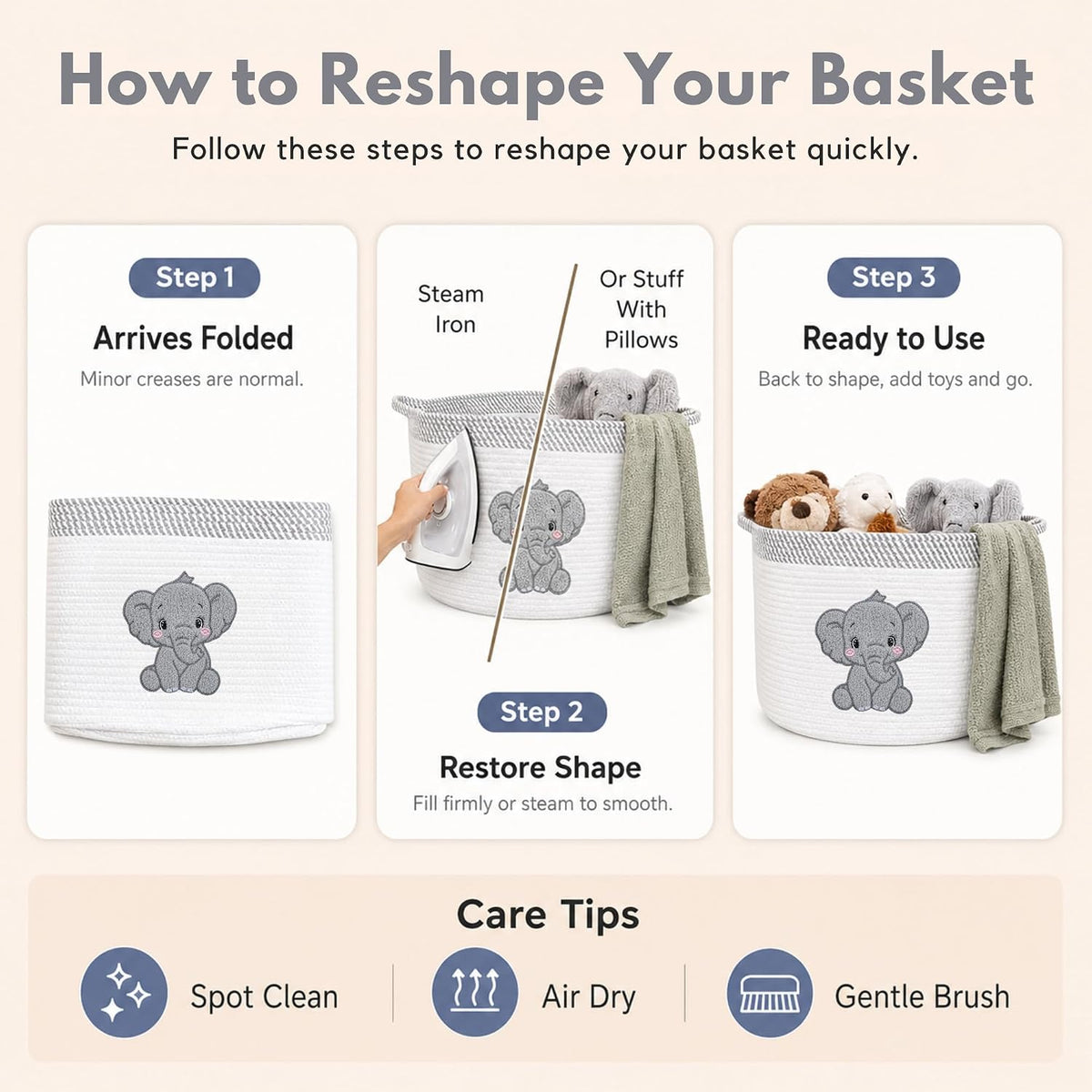 Elephant Baby Storage Basket, Woven Cotton Rope Nursery Bin, 15X11 in | Stuffed Animal and Blanket Storage, Soft Felt Elephant Patch, Neutral Baby Room Decor, Baby Shower, Kids Playroom Organizer