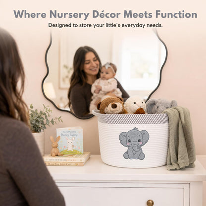 Elephant Baby Storage Basket, Woven Cotton Rope Nursery Bin, 15X11 in | Stuffed Animal and Blanket Storage, Soft Felt Elephant Patch, Neutral Baby Room Decor, Baby Shower, Kids Playroom Organizer