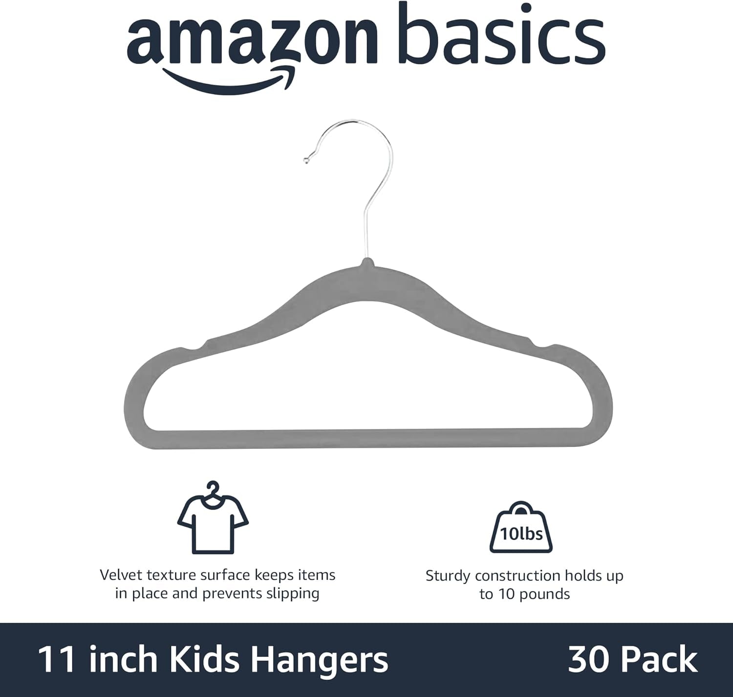 Kids Velvet Non-Slip Space Saving Clothes Hangers with Shoulder Notches, Sturdy Closet Organizer for Baby/Toddler, 11.6", Gray, 30-Pack