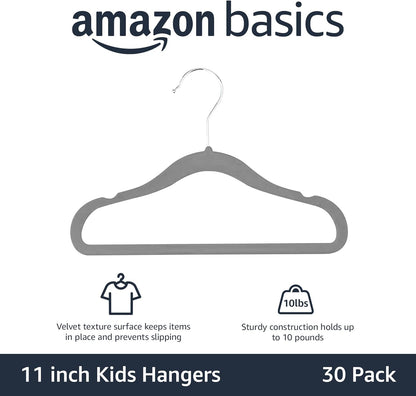Kids Velvet Non-Slip Space Saving Clothes Hangers with Shoulder Notches, Sturdy Closet Organizer for Baby/Toddler, 11.6", Gray, 30-Pack