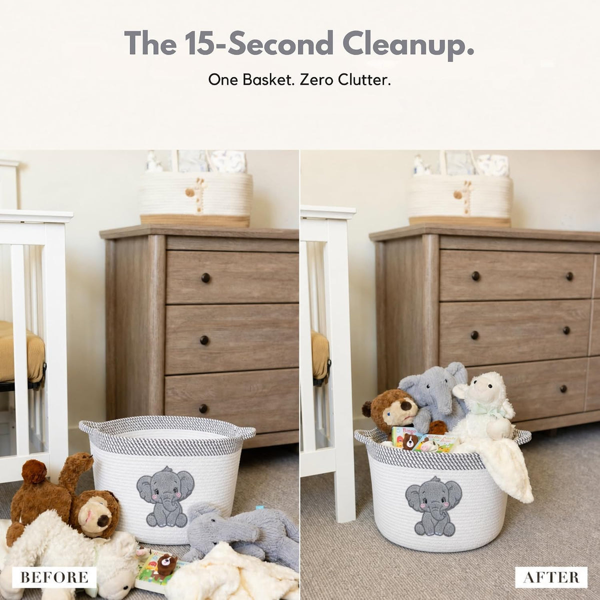 Elephant Baby Storage Basket, Woven Cotton Rope Nursery Bin, 15X11 in | Stuffed Animal and Blanket Storage, Soft Felt Elephant Patch, Neutral Baby Room Decor, Baby Shower, Kids Playroom Organizer
