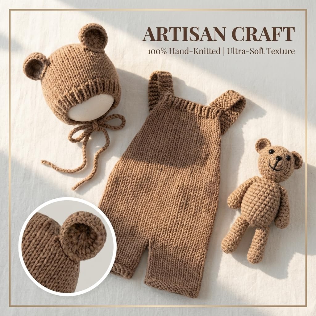 Newborn Photography Props, Baby Knitted Bear Hat & Romper Outfits Set