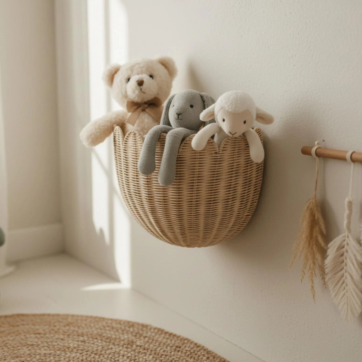 Hand-Woven Rattan Wall Basket, Custom Boho Nursery Storage