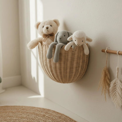 Hand-Woven Rattan Wall Basket, Custom Boho Nursery Storage