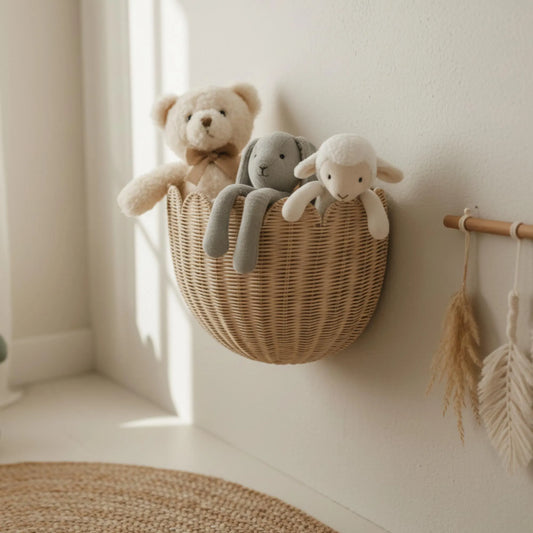 Hand-Woven Rattan Wall Basket, Custom Boho Nursery Storage