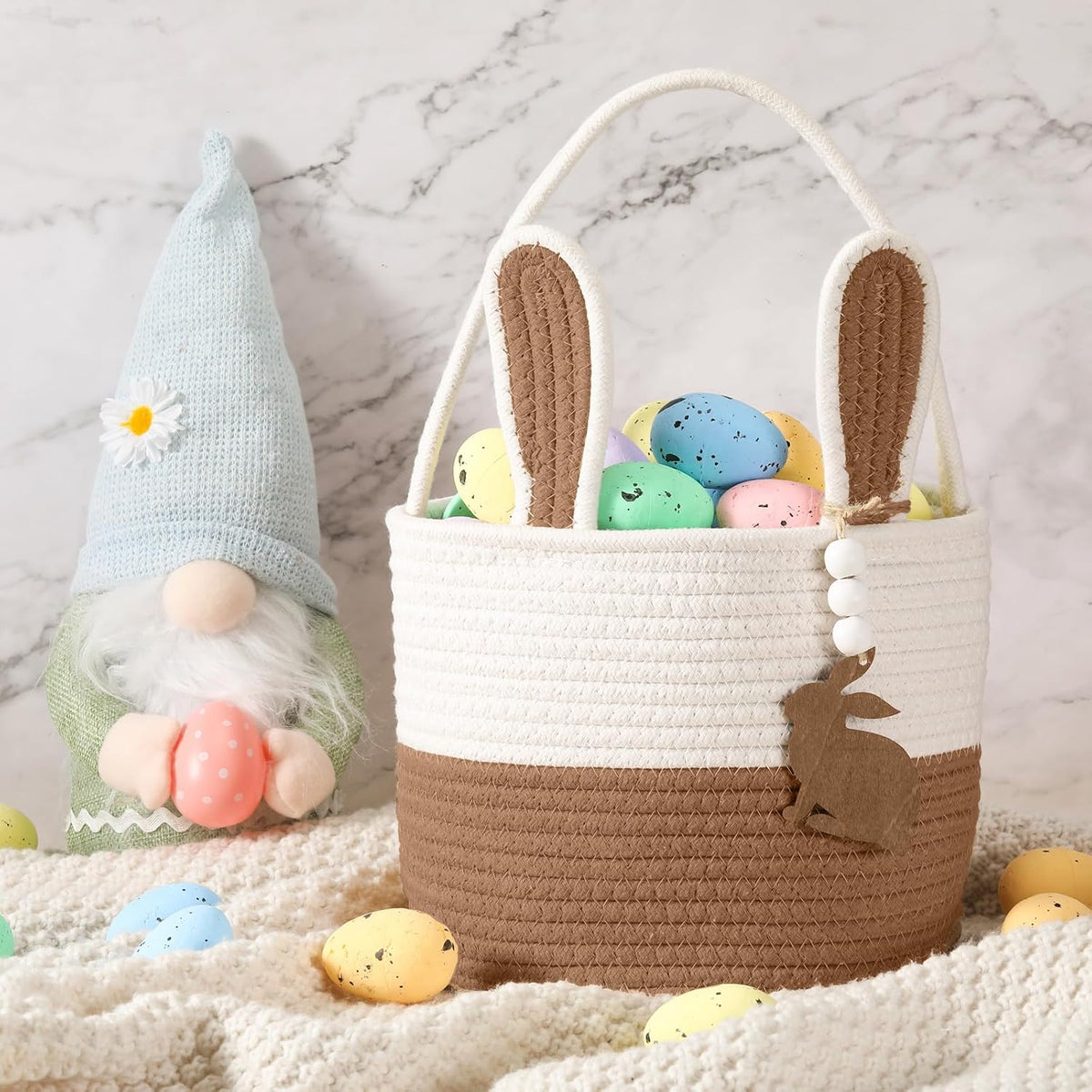 Easter Basket for Kids, Easter Bunny Basket with Name Tag Detachable Rabbit Ear Rustic Woven Gift for Girl Boy Baby Spring Party Decoration Supplies(Linen Yellow,9" X 7.5")