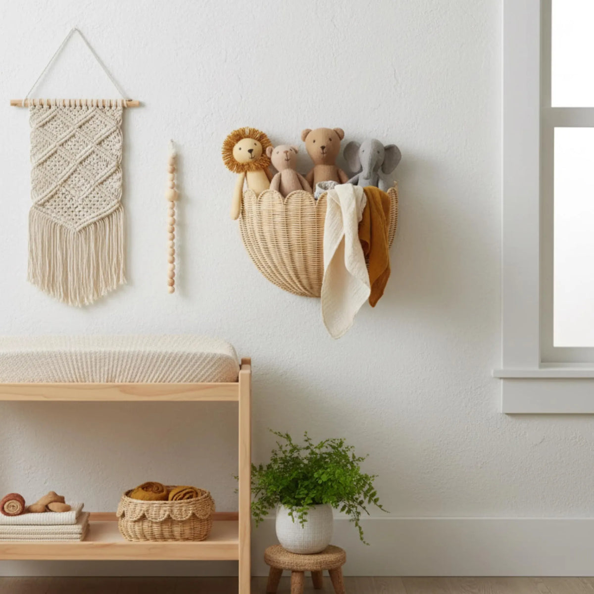 Hand-Woven Rattan Wall Basket, Custom Boho Nursery Storage