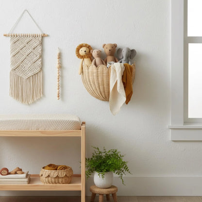Hand-Woven Rattan Wall Basket, Custom Boho Nursery Storage
