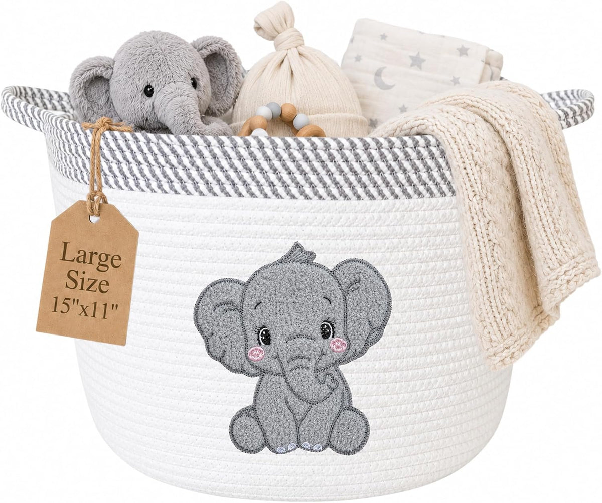 Elephant Baby Storage Basket, Woven Cotton Rope Nursery Bin, 15X11 in | Stuffed Animal and Blanket Storage, Soft Felt Elephant Patch, Neutral Baby Room Decor, Baby Shower, Kids Playroom Organizer