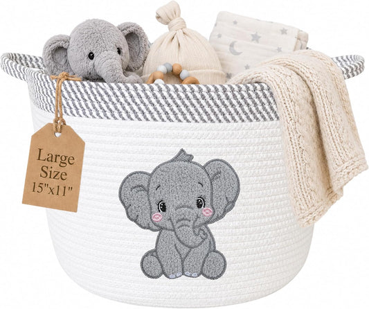 Elephant Baby Storage Basket, Woven Cotton Rope Nursery Bin, 15X11 in | Stuffed Animal and Blanket Storage, Soft Felt Elephant Patch, Neutral Baby Room Decor, Baby Shower, Kids Playroom Organizer