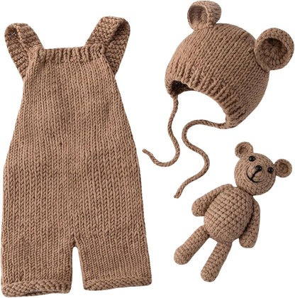 Newborn Photography Props, Baby Knitted Bear Hat & Romper Outfits Set