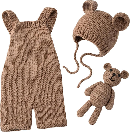 Newborn Photography Props, Baby Knitted Bear Hat & Romper Outfits Set